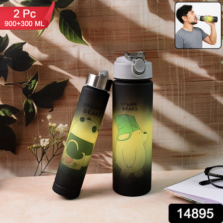 Cartoon Printed Water Bottles  900 Ml  300 Ml (2 Pc)