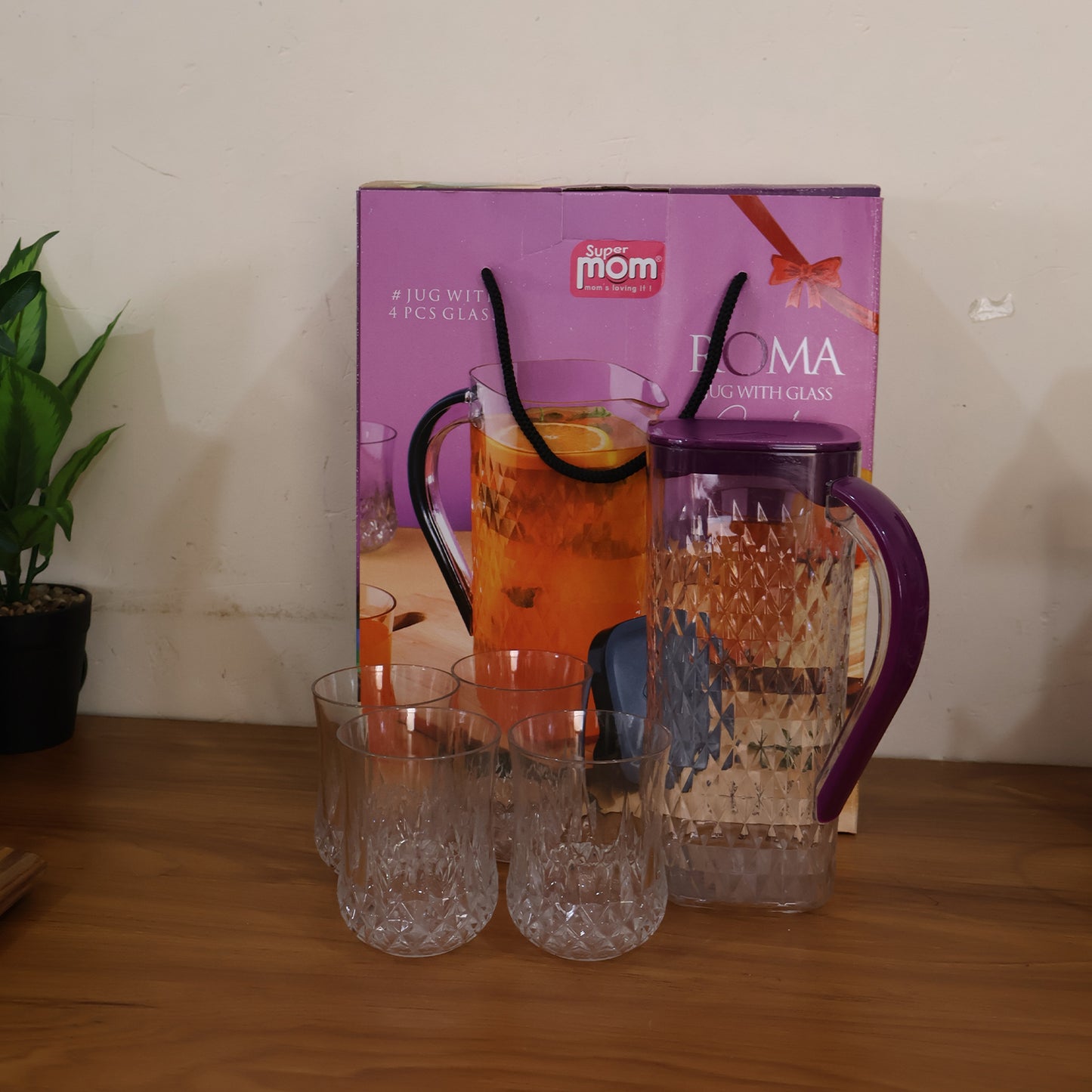 Supermom Roma Plastic Jug With Glasses Combo Set (5 Pc)