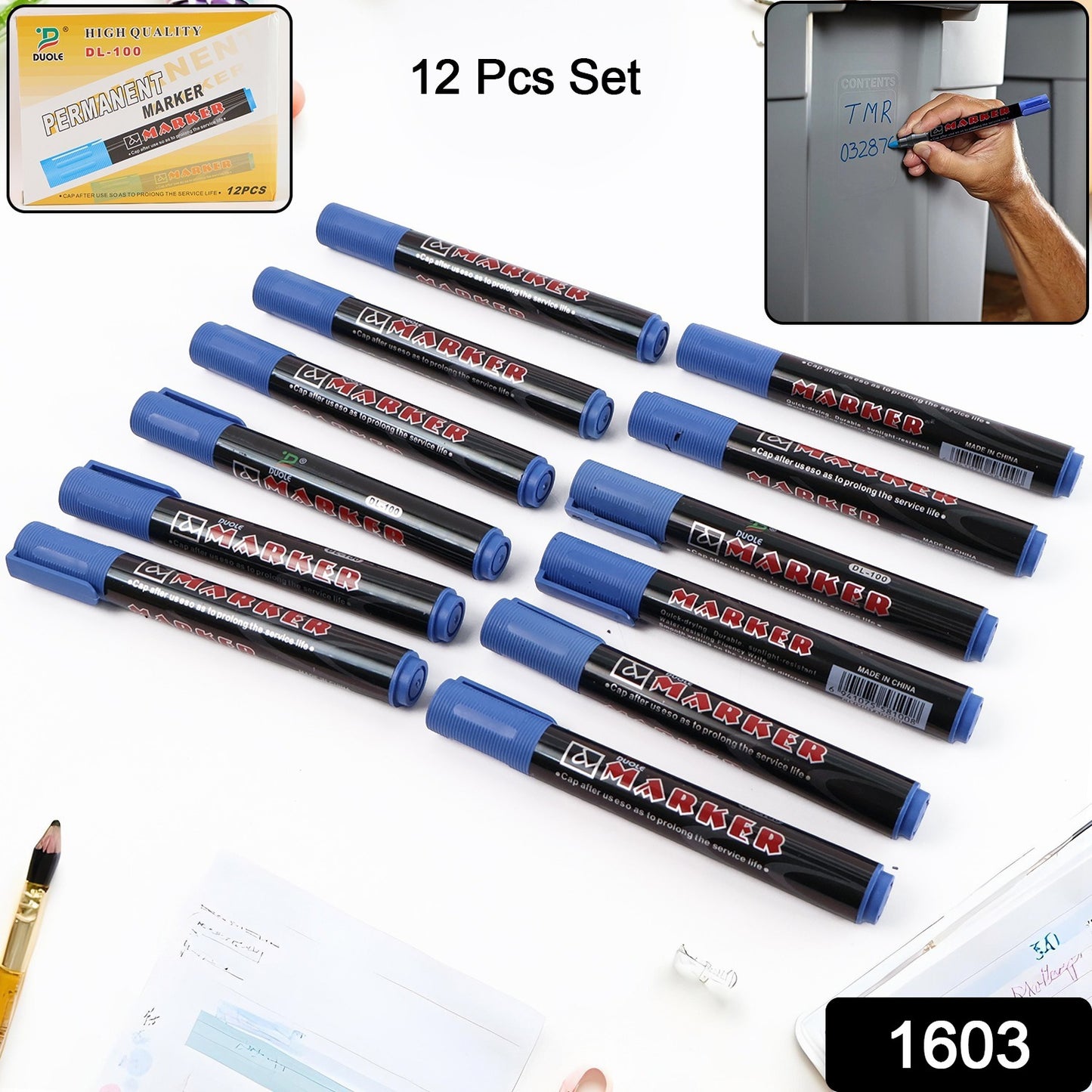 Premium Permanent Blue Marker Pen Set (12 Pc)