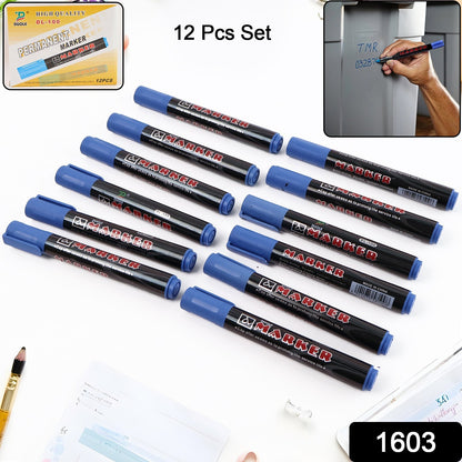 Premium Permanent Blue Marker Pen Set (12 Pc)