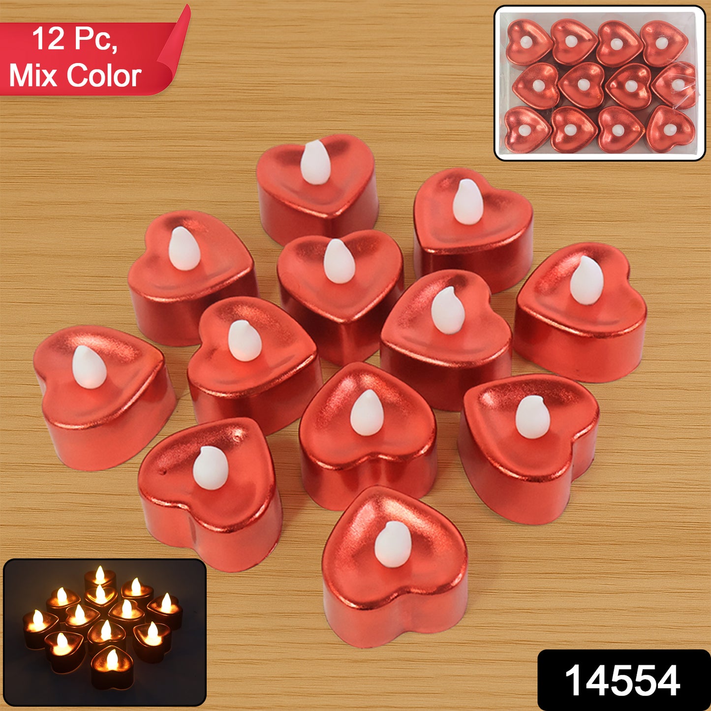 Heart Shaped Led Tea Light Candles (Mix Color  12 Pc)