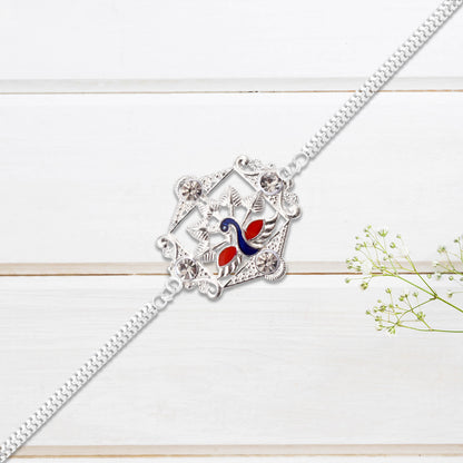 Silver Peacock Rakhi With Diamond Accents