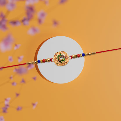 Traditional Kundan Rakhi With Antique Gold Finish  Multicolor Beads