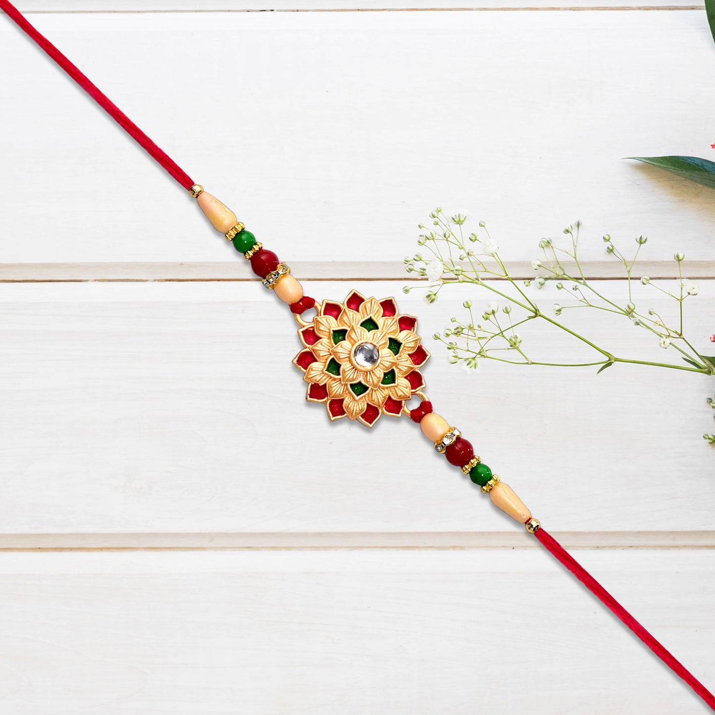 Multicolor Floral Rakhi With Mirror Center And Beaded Thread