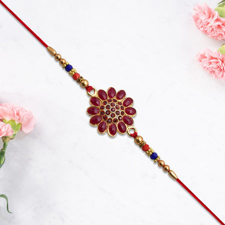 Red Floral Stone Rakhi With Bead Accents